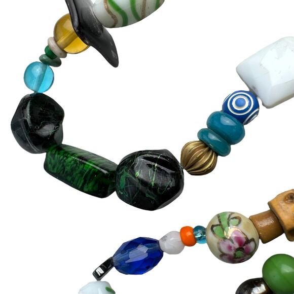 Eclectic Artisan Beaded Necklace Mixed Media Glass Wood Ceramic Funky Boho - Picture 8 of 13